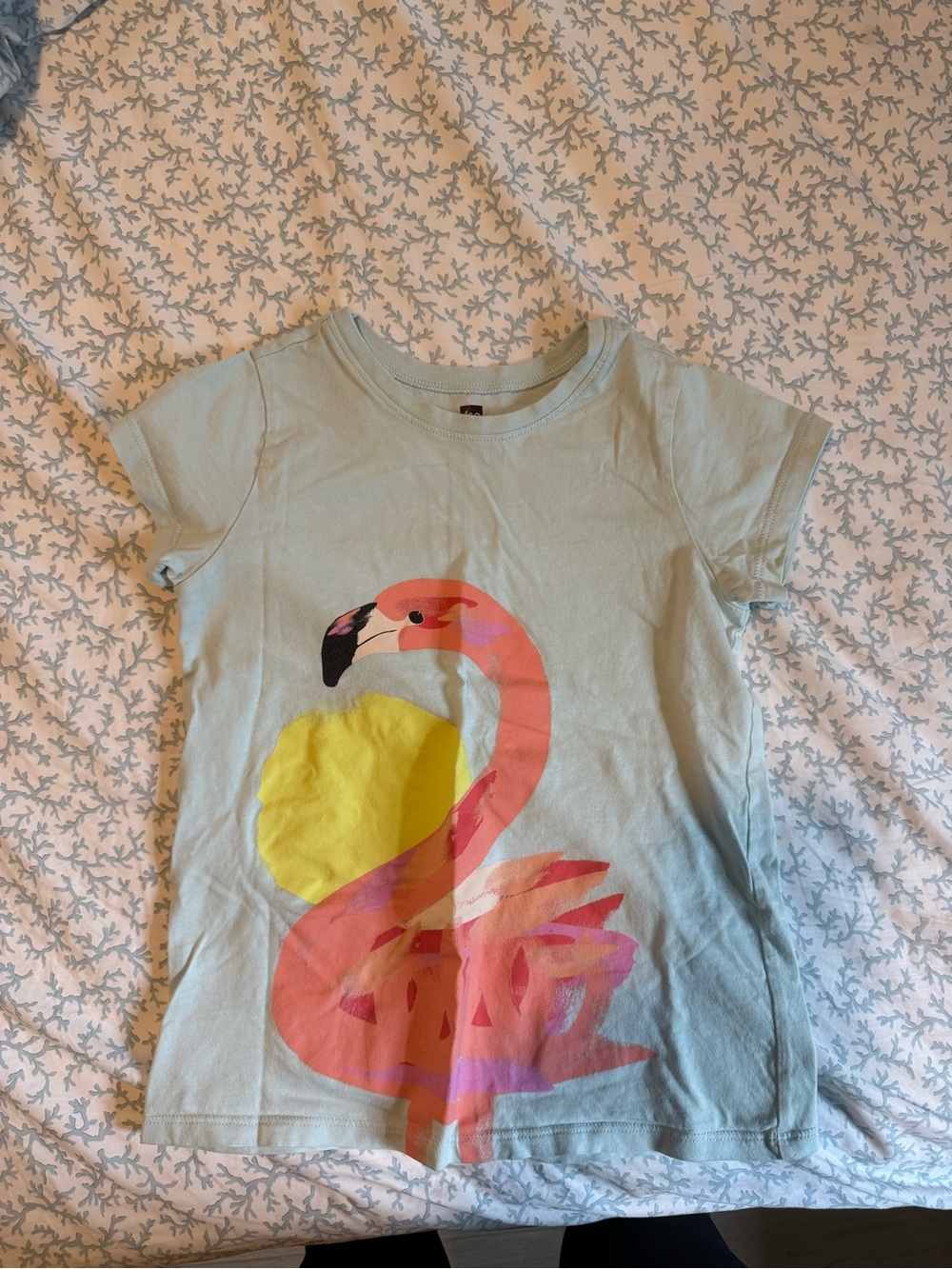 Tea Collection Light Blue Tee with Pink Flamingo and Yellow Sun